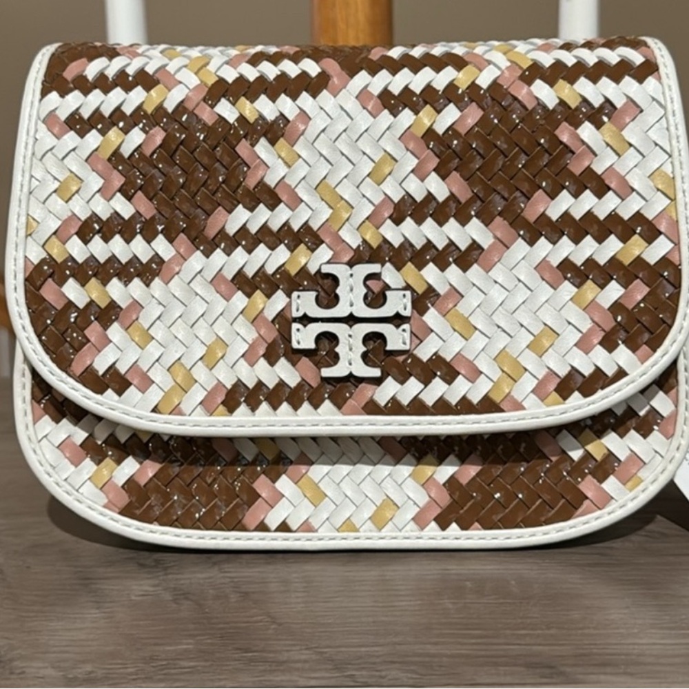 Tory Burch Britten Woven Small Leather Saddle Bag NWT